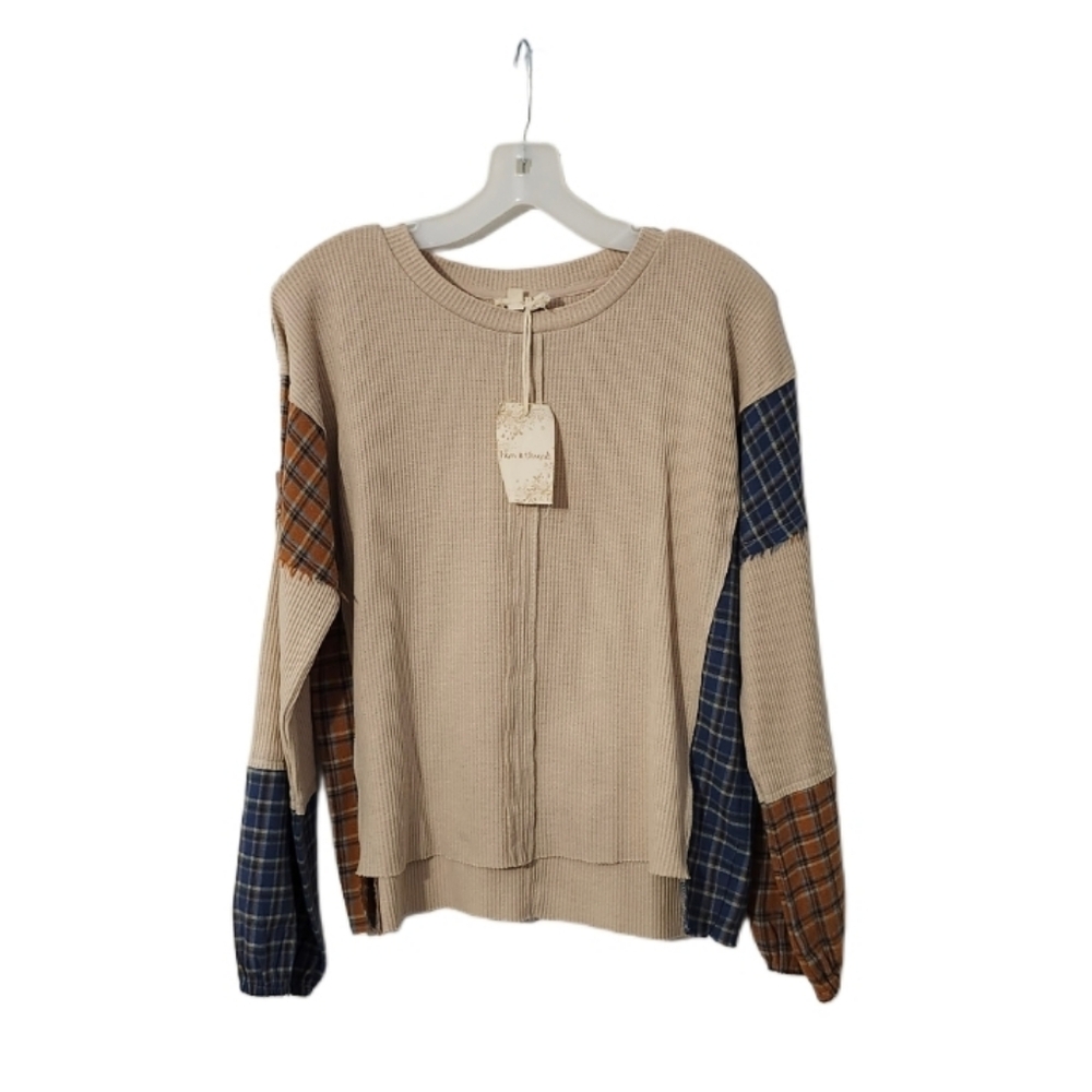 NWT  Hem & Thread  Plaid Patchwork Top  Women's M  Beige, Blue, Brown